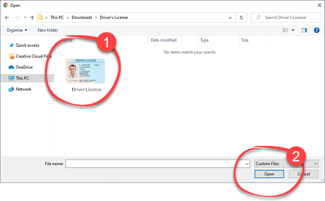 Select Driver License picture on open window