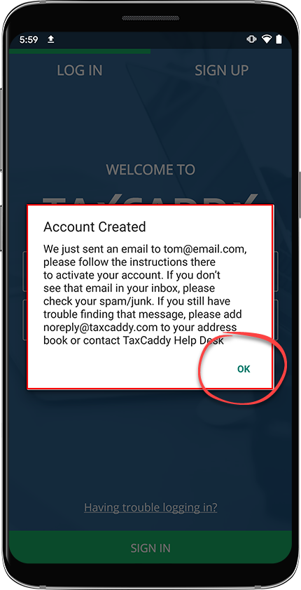 Account Created dialog box will appear