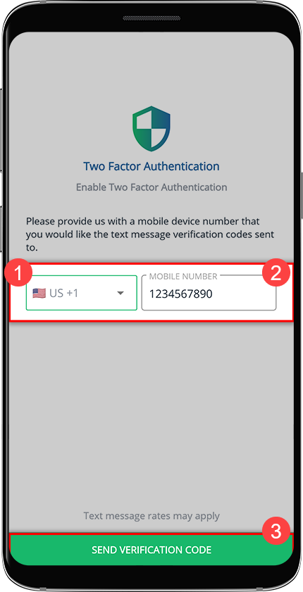 Provide mobile number to receive verification code