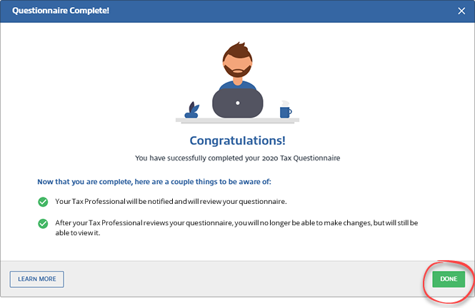 Completed questionnaire dialog box