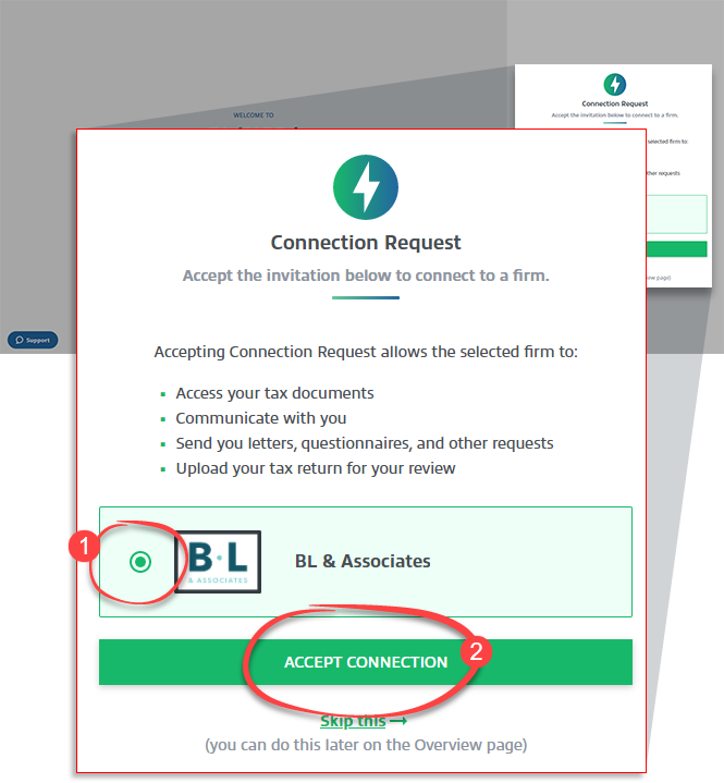 View of a pending connection request displayed when logging in