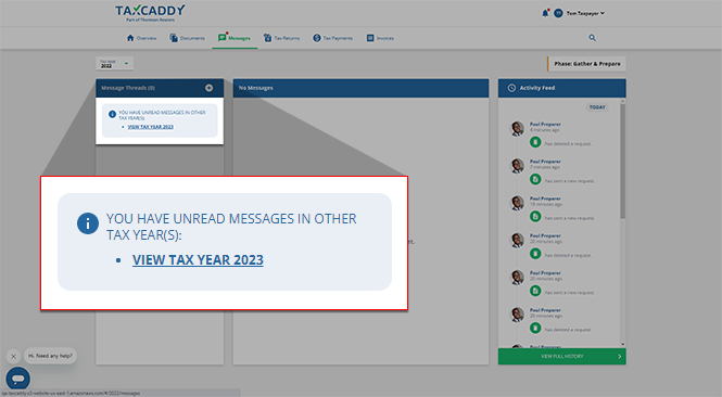 View of the Messages screen with the Unread Messages alert