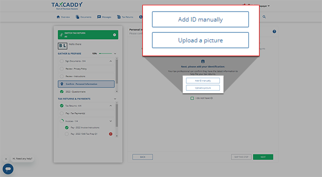 ID Options - enter manually or upload picture