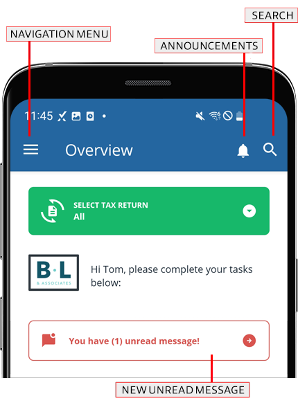 Menu Announcements Search and Message icons on Android