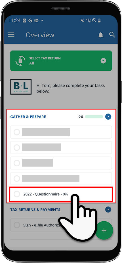 Tap questionnaire from Task List