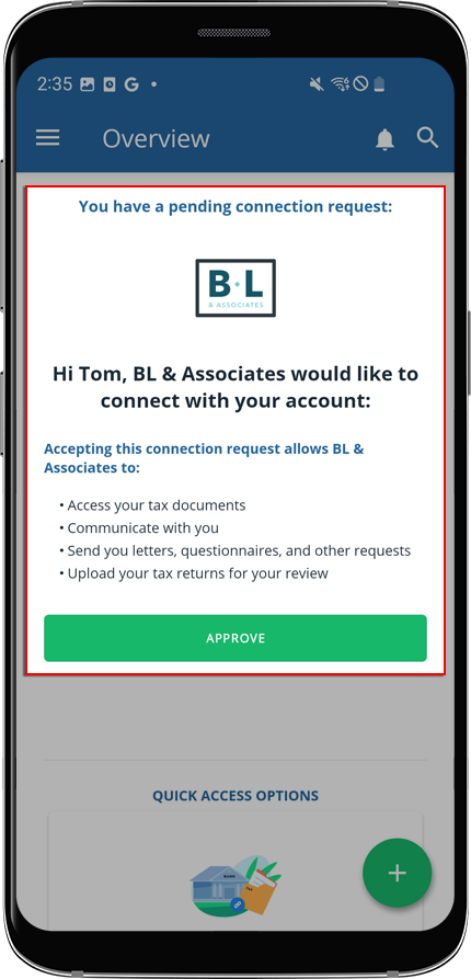Android view of pending connection request