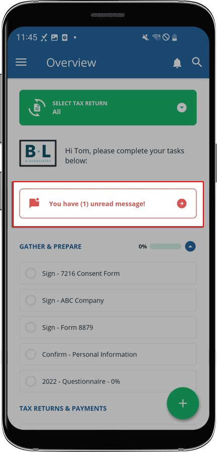 Android view of the Overview screen with unread message alerts
