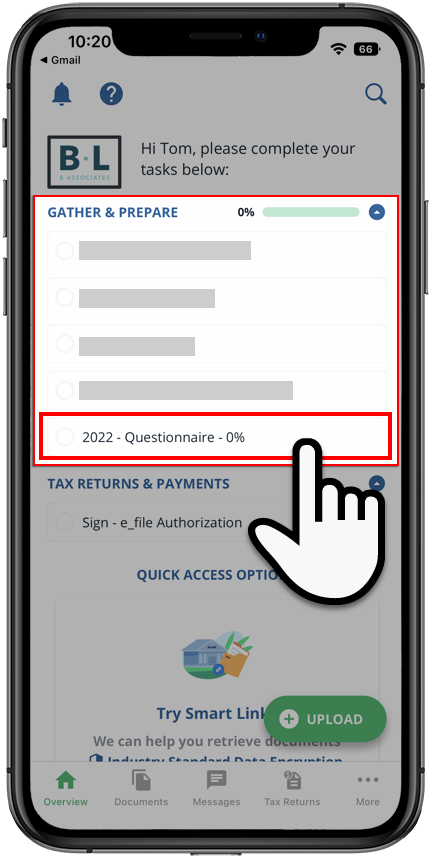 iOS view of Task List with the questionnaire listed
