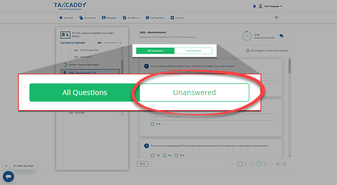 Tabs to display either all questions or just the ones needing answers
