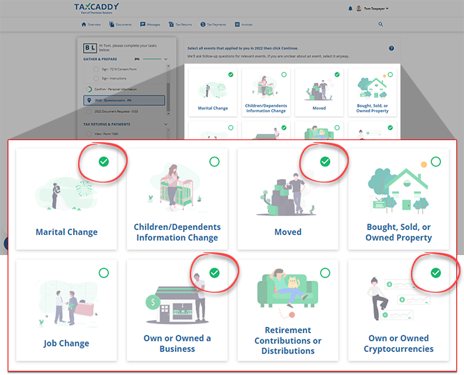 View of all available life-changing events for the questionnaire