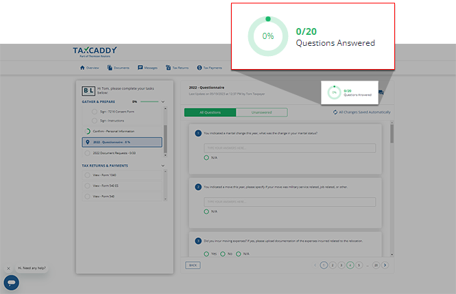 Circle displaying user's progress in questionnaire