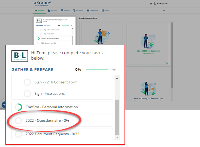 View of the questionnaire in the Task List