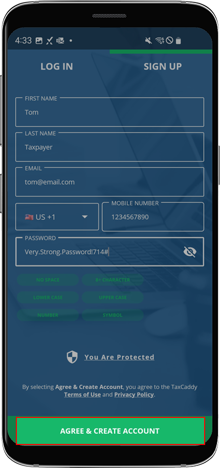 Tap Agree and Create Account to create your account