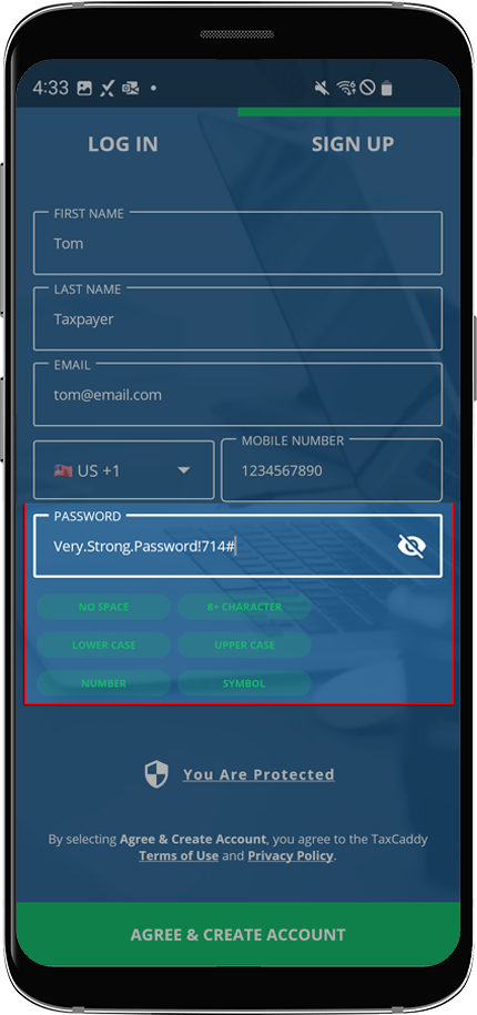 An example of a strong password with varying cases, numbers and symbols