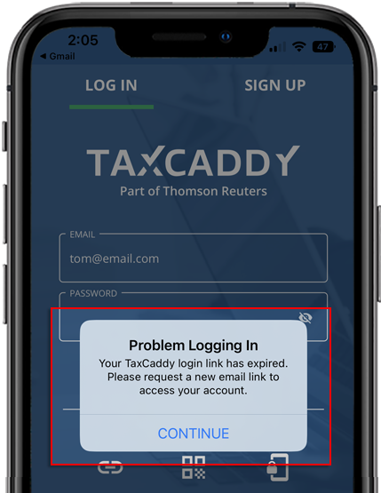 Problem Logging In pop-up notification