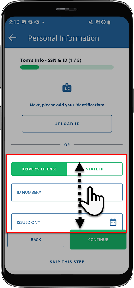 Fields to enter Driver&#039;s ID manually instead of taking a picture