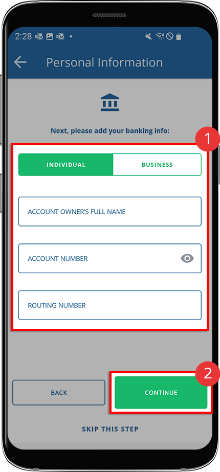 Enter bank information then tap continue