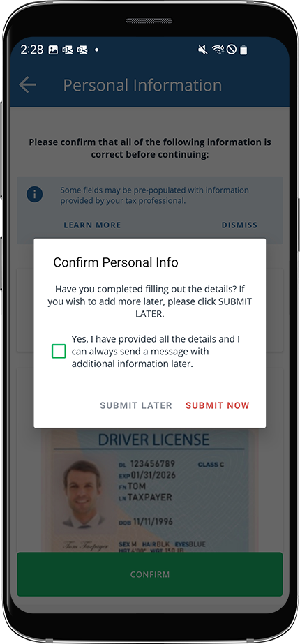 Confirm Personal Information before submitting