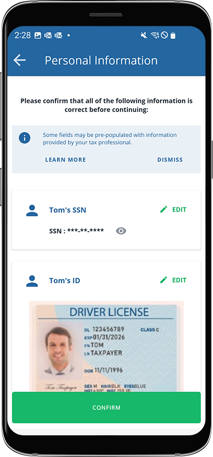 Screen showing a full summary of all the personal information collected