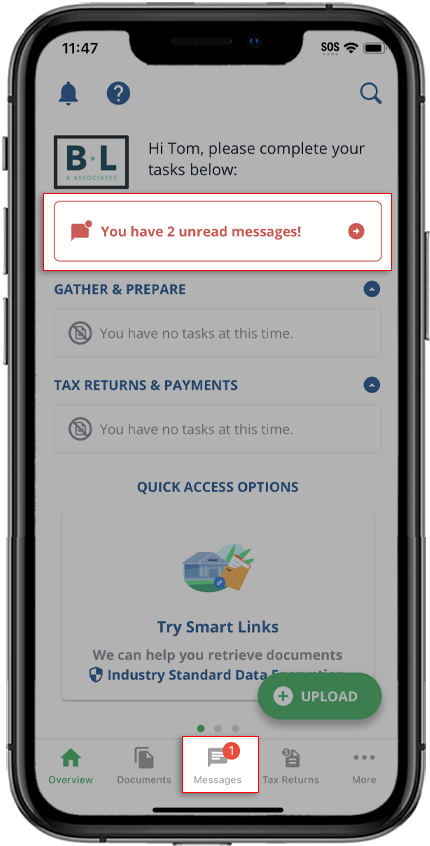 iOS view of the Overview screen with unread message alerts