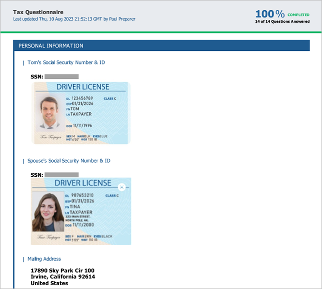 Printed copy personal information and questionnaire
