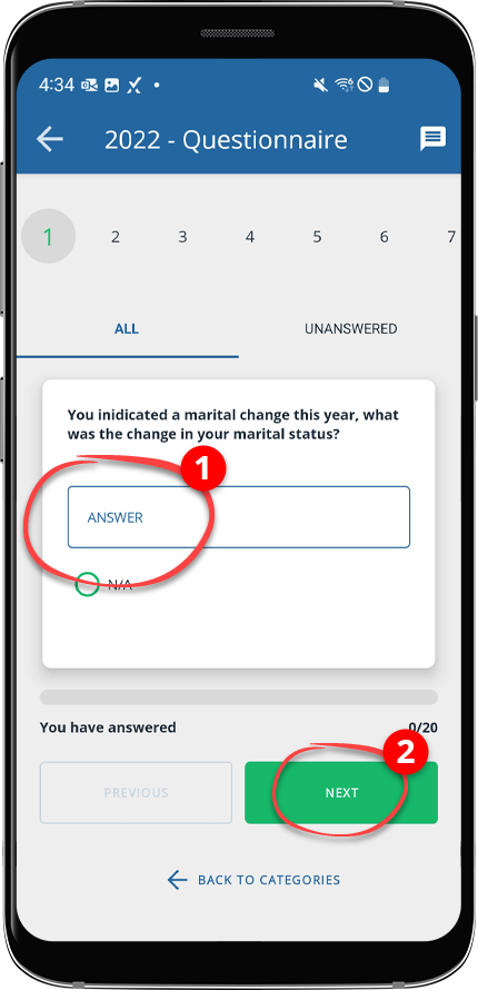 Android user view of the questionnaire
