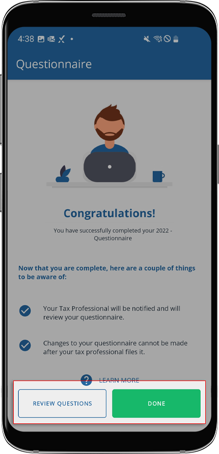 Android screen displaying that questionnaire has been completed