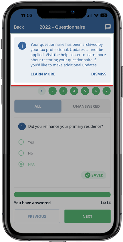 iOS banner notifying user that the questionnaire has been archived