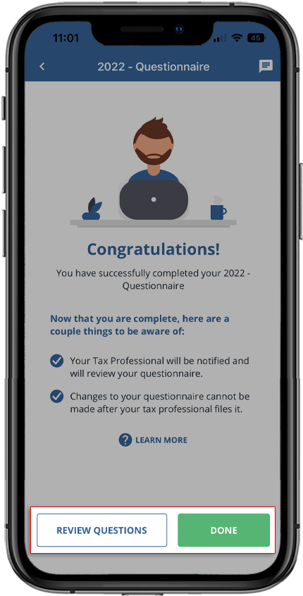 Completed questionnaire screen on iOS