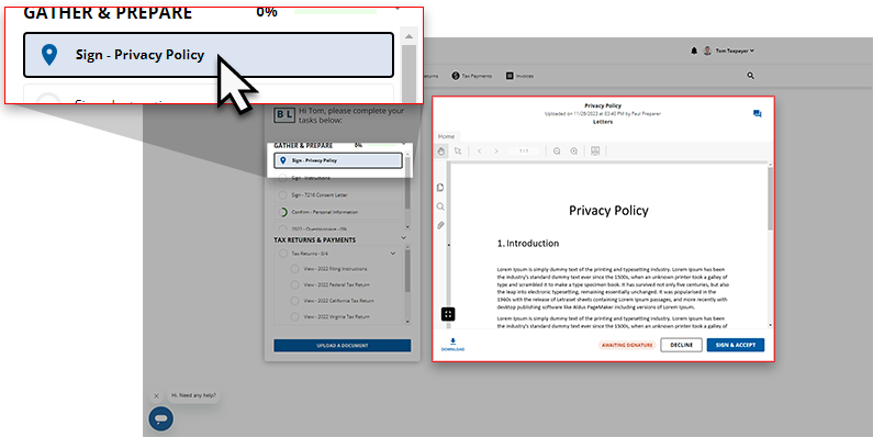 Clicked Sign request expanded next to the Task List