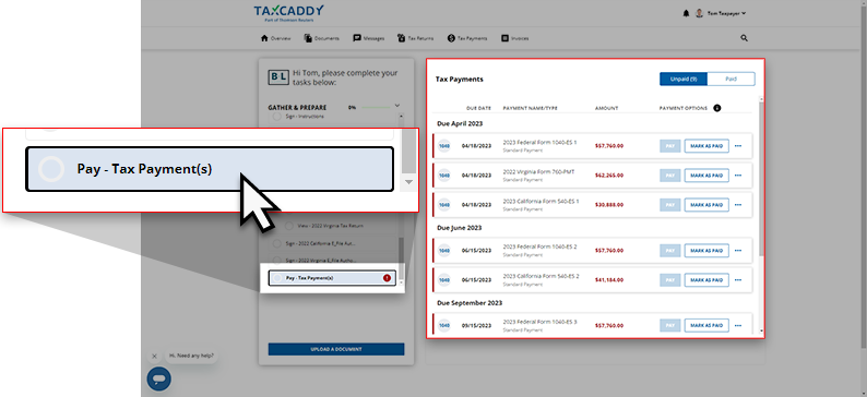 Clicked Tax Payments with expanded list of payments next to the Task List.
