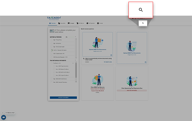 Location of the search icon on Overview screen