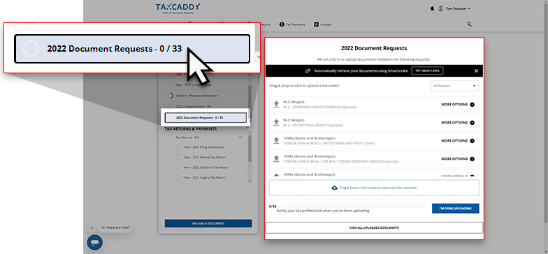 Clicked Document request expanded next to the Task List