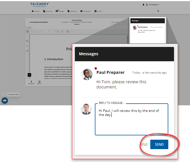 User typing message to their tax professional