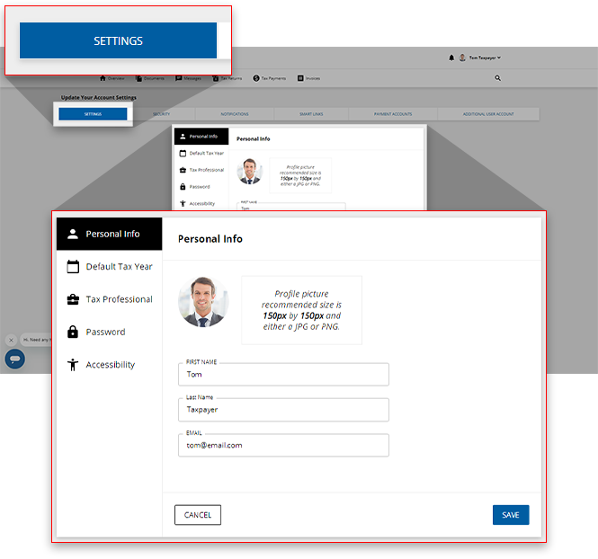 View of the Personal Info section of the Settings screen
