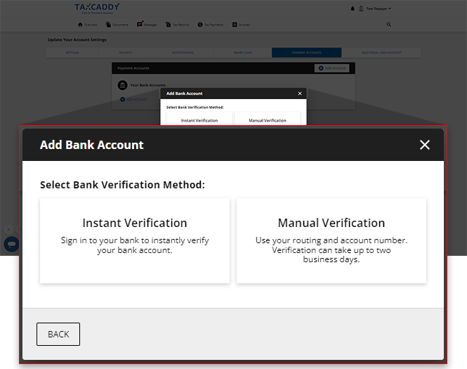 View of the Add Bank Account dialog box listing both verification methods