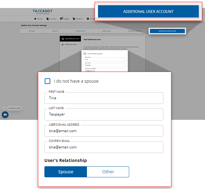 View of the Additional User Account screen