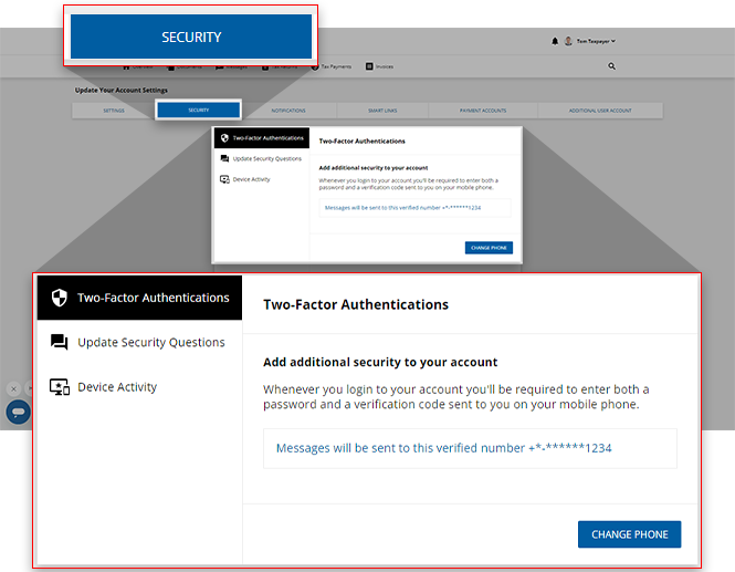 View of Two Factor Authentications section