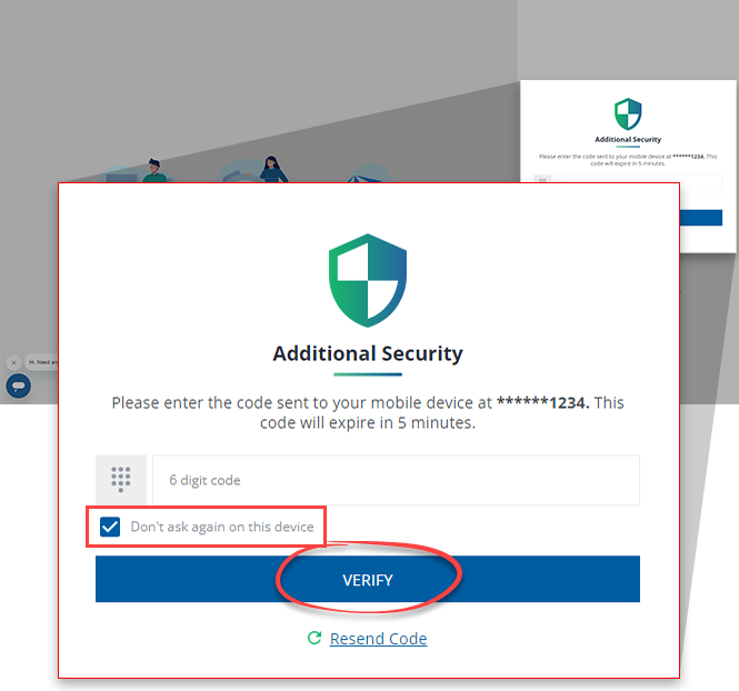 View of Additional Security screen requesting a two factor authentication code