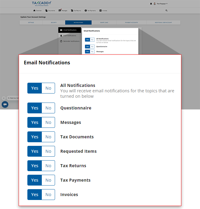 View of the Email Notifications screen