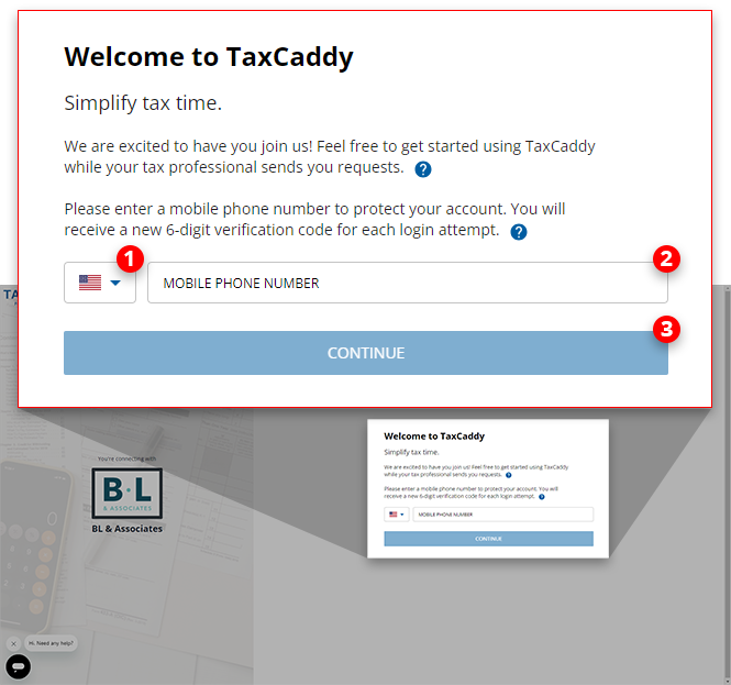 Provide mobile number then click CONTINUE.