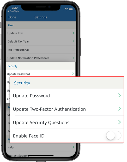 Security section of settings
