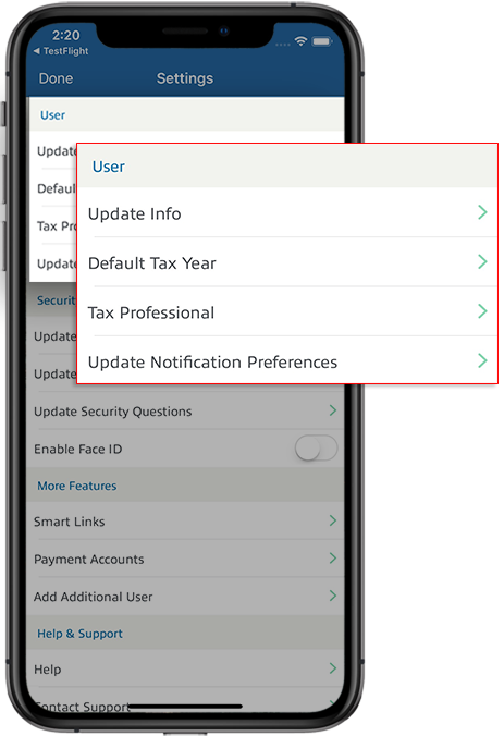 User section of settings