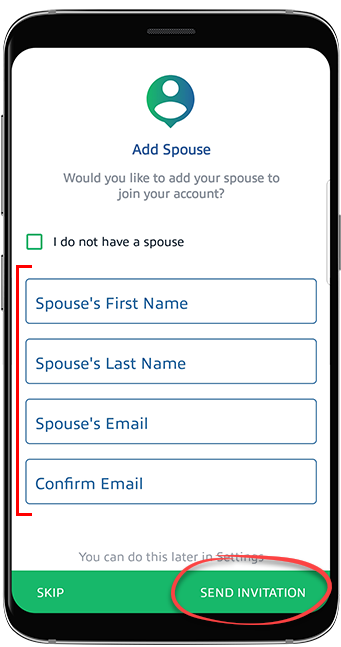 Provide spousal information then tap Send Invitation