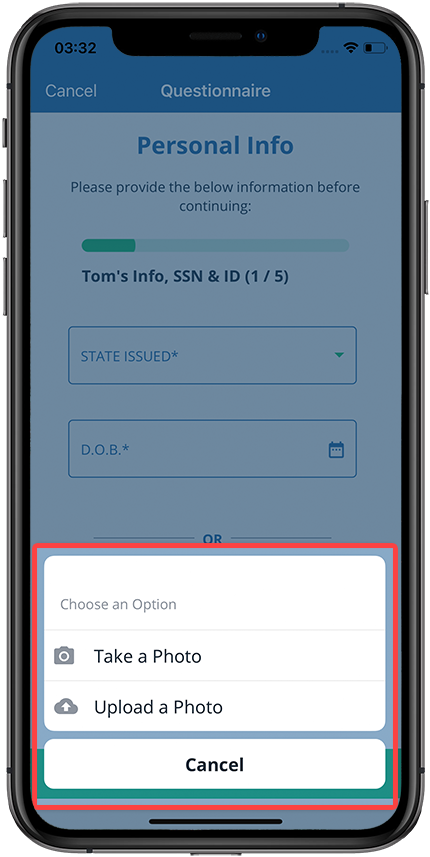 Pop-up options to take a photo or upload a photo