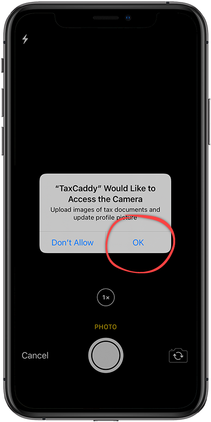 Notification windows - TaxCaddy would like to access the camera. Tap Ok