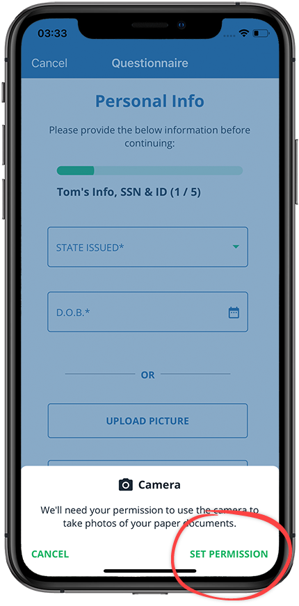 Camera permissions pop-up window asking to Set Permission