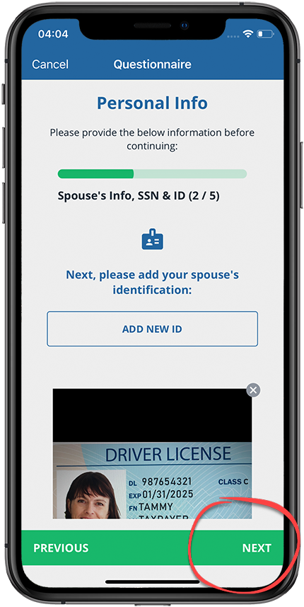 Spouse ID uploaded then tap Next