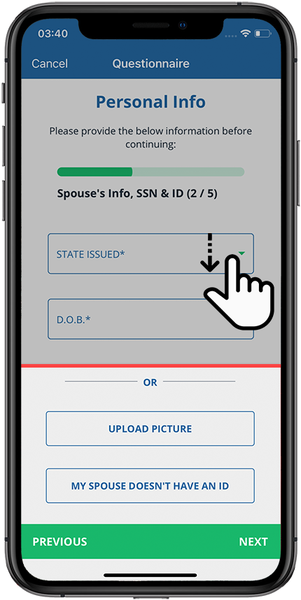 Swipe up to see buttons to upload a picture or select My Spouse_Doesn&#039;t have an ID