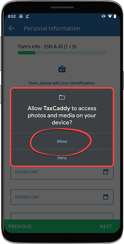 Allow TaxCaddy to access photos and media on your device